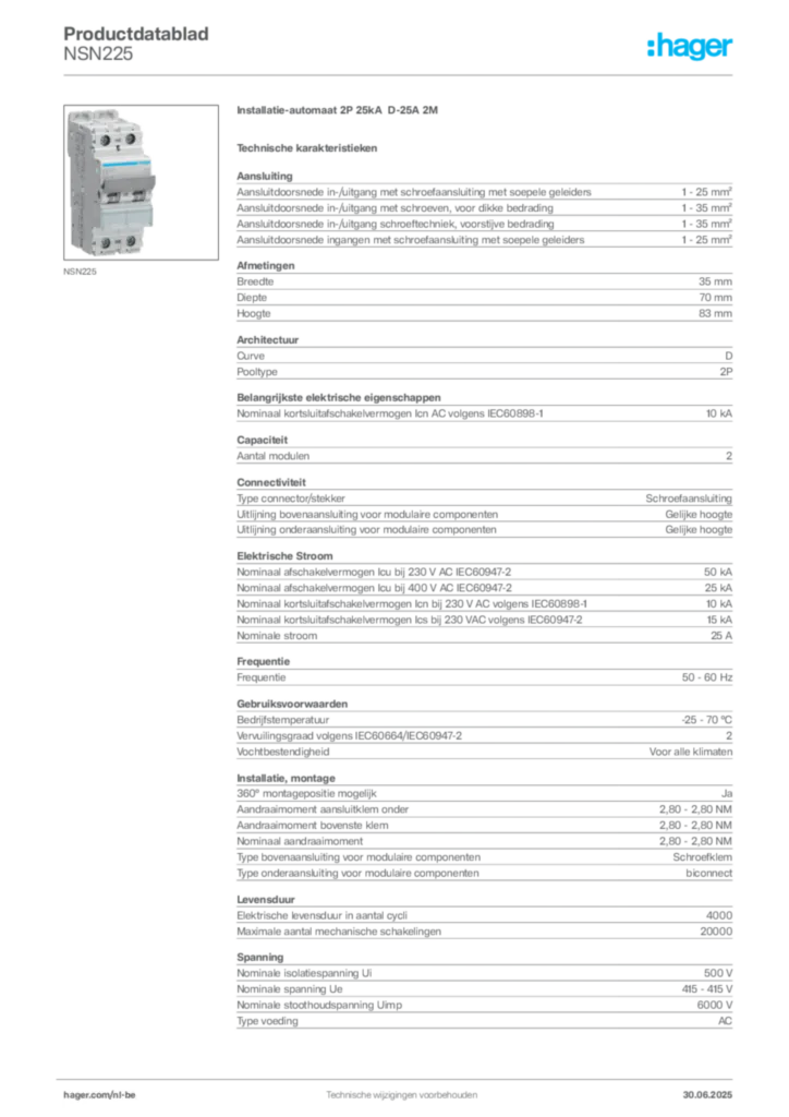 Afbeelding Hager Productdatablad NSN225 | Hager Belgium