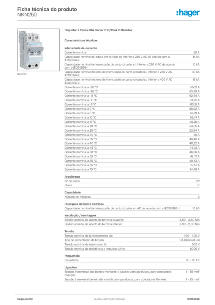Imagem Hager Ficha técnica do produto NKN250 | Hager Portugal
