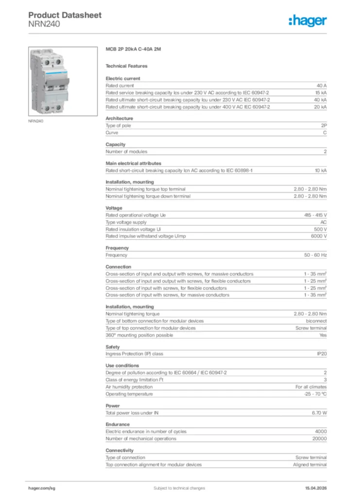 Image Hager Product data sheet NRN240  | Hager