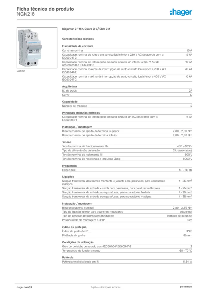 Imagem Hager Ficha técnica do produto NGN216 | Hager Portugal