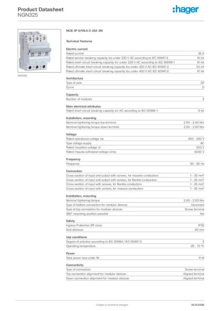 Image Hager Product data sheet NGN325  | Hager Africa