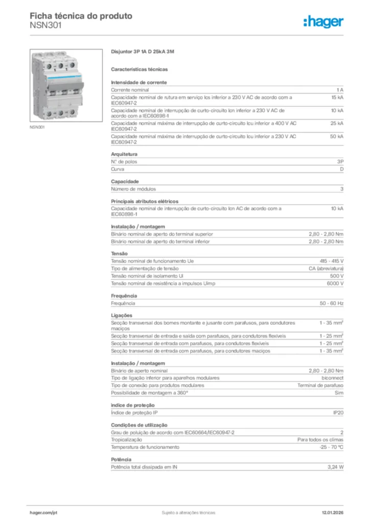Imagem Hager Ficha técnica do produto NSN301 | Hager Portugal