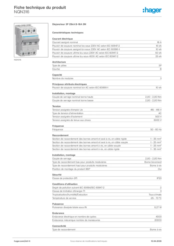 Image Hager Fiche technique du produit NQN316 | Hager Afrique