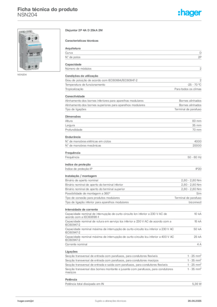 Imagem Hager Ficha técnica do produto NSN204 | Hager Portugal