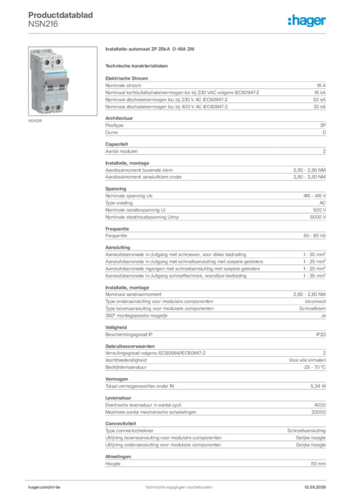 Afbeelding Hager Productdatablad NSN216 | Hager Belgium