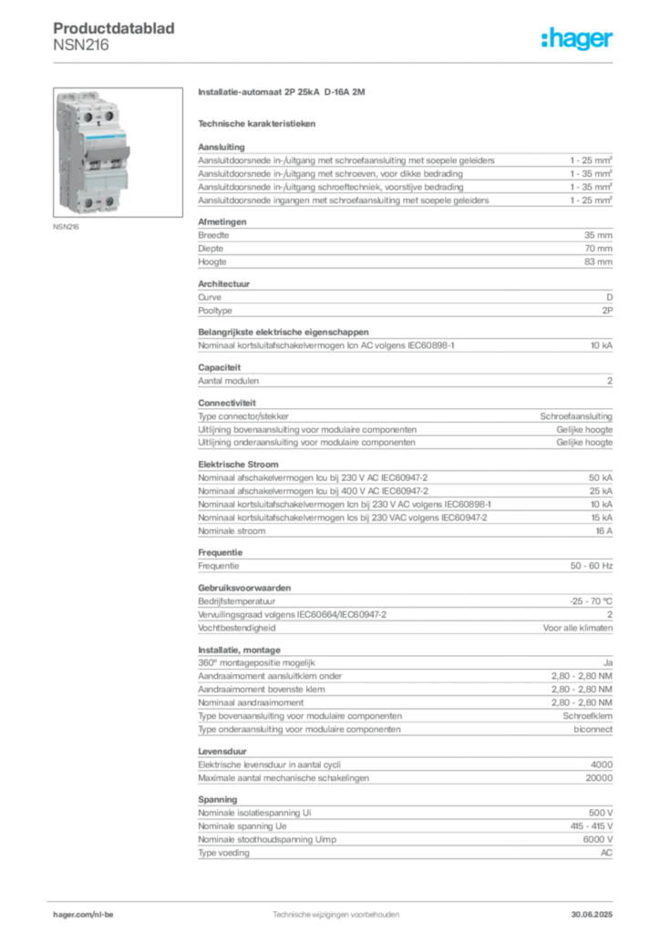 Afbeelding Hager Productdatablad NSN216 | Hager Belgium