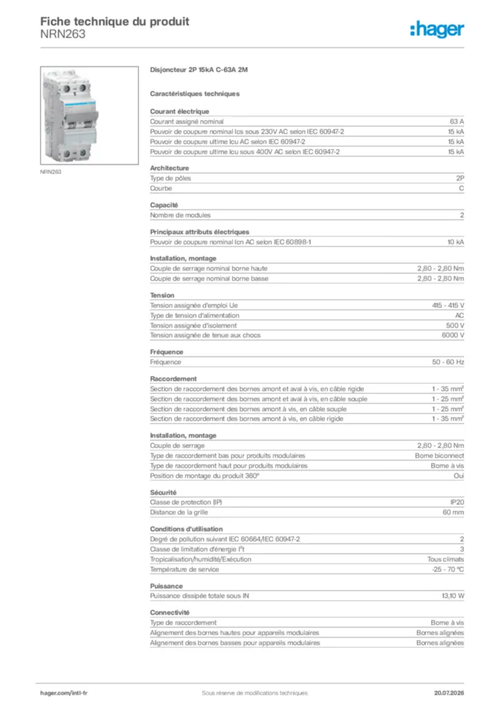 Image Hager Fiche technique du produit NRN263 | Hager Afrique
