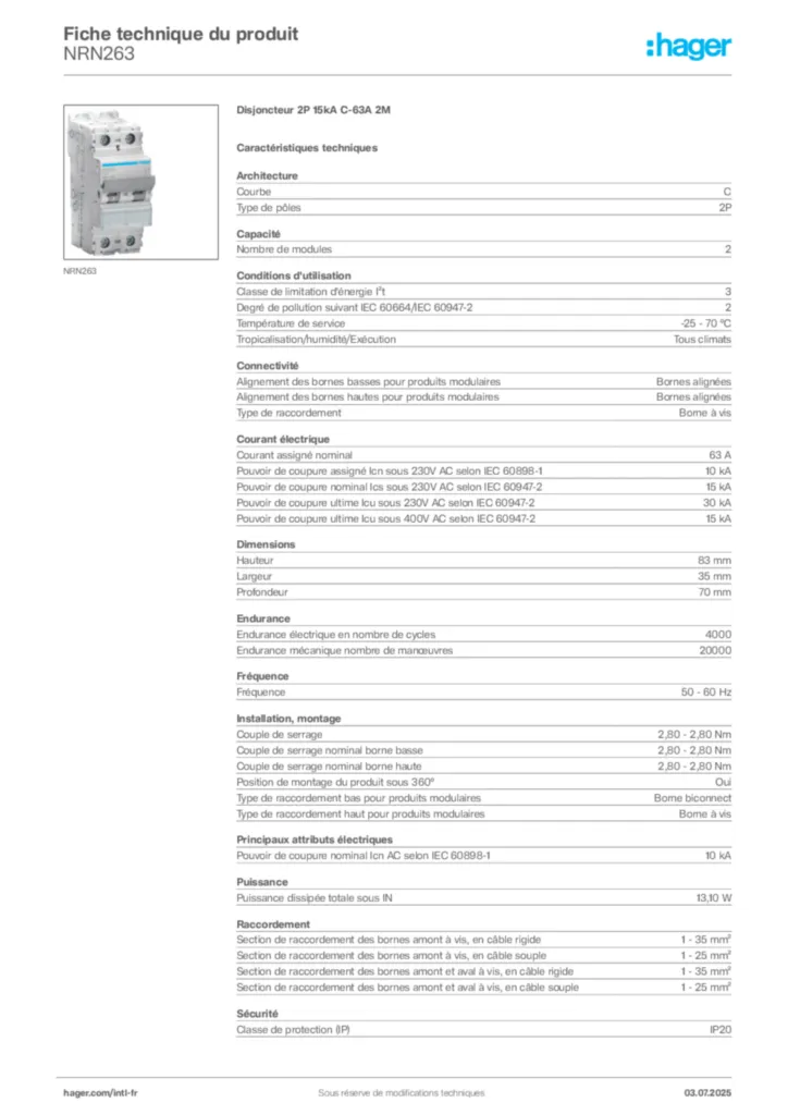 Image Hager Fiche technique du produit NRN263 | Hager Afrique