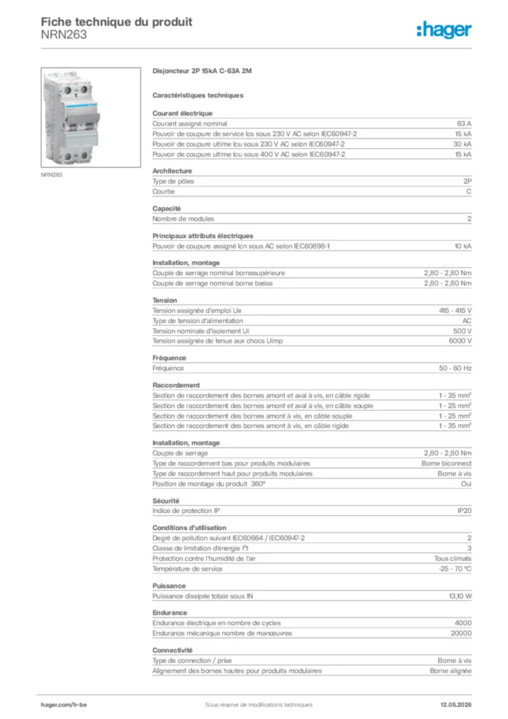 Image Hager Fiche technique du produit NRN263 | Hager Belgique