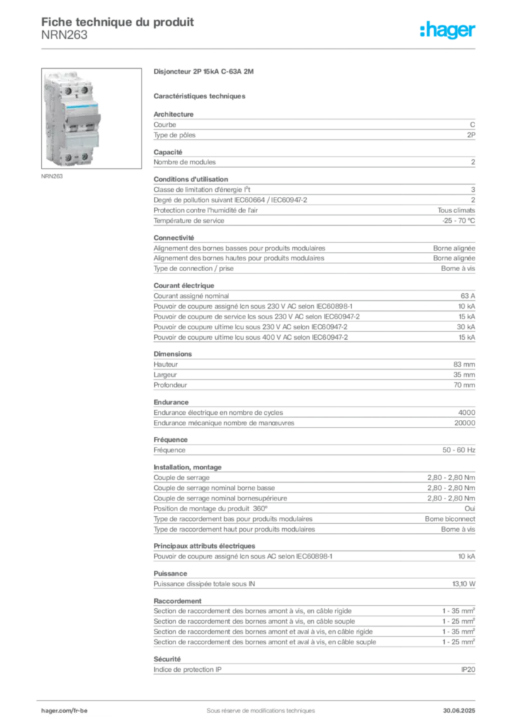 Image Hager Fiche technique du produit NRN263 | Hager Belgique