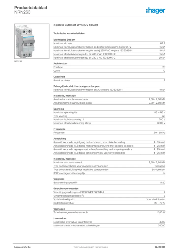 Afbeelding Hager Productdatablad NRN263 | Hager Belgium