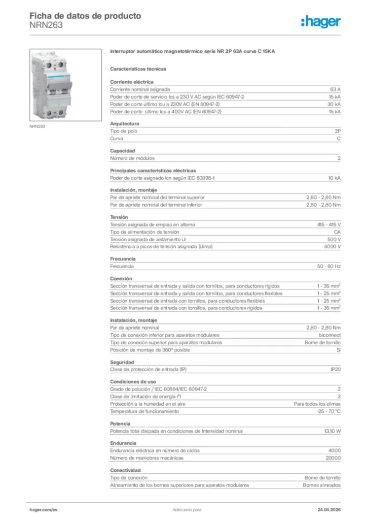 Imagen Hager Ficha de datos de producto NRN263 | Hager España