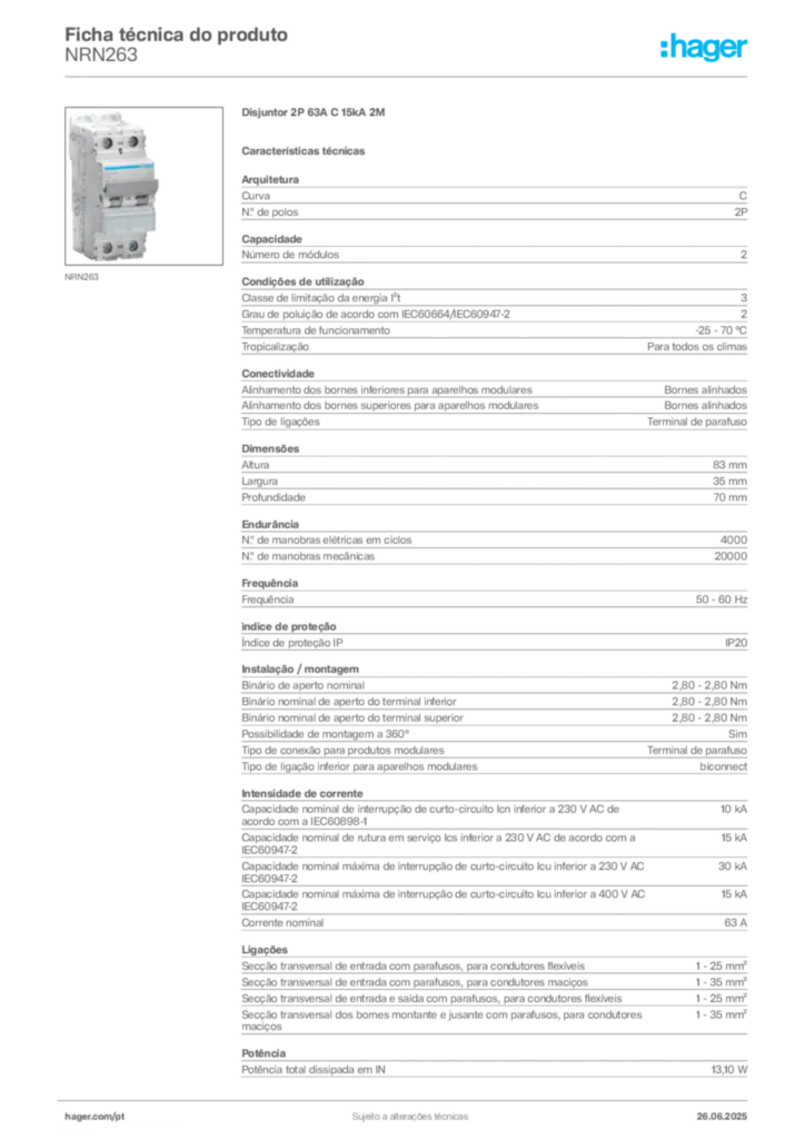 Imagem Hager Ficha técnica do produto NRN263 | Hager Portugal