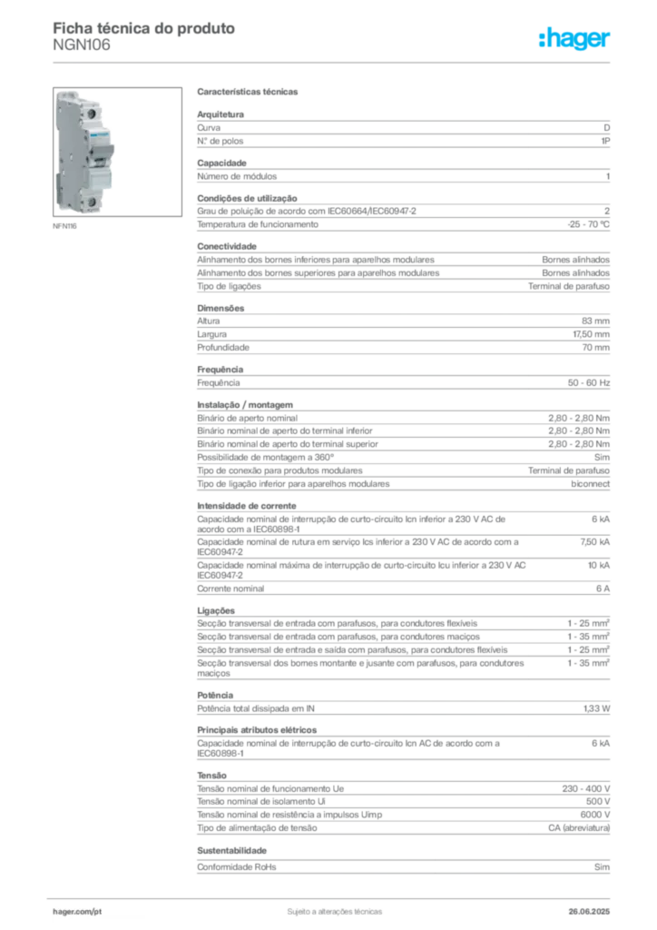 Imagem Hager Ficha técnica do produto NGN106 | Hager Portugal