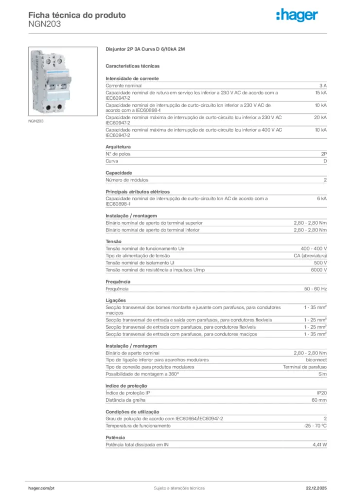 Imagem Hager Ficha técnica do produto NGN203 | Hager Portugal