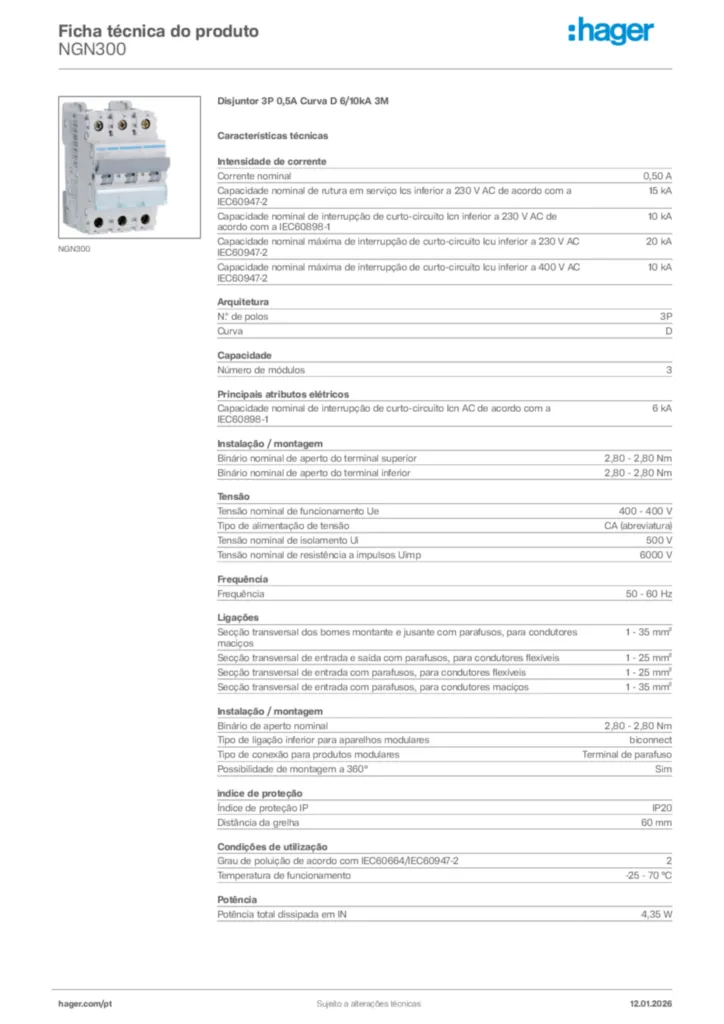 Imagem Hager Ficha técnica do produto NGN300 | Hager Portugal