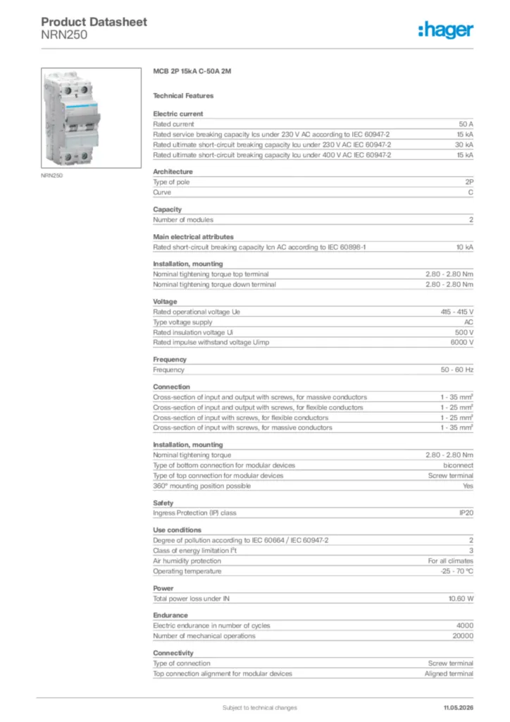 Image Hager Product data sheet NRN250  | Hager Africa