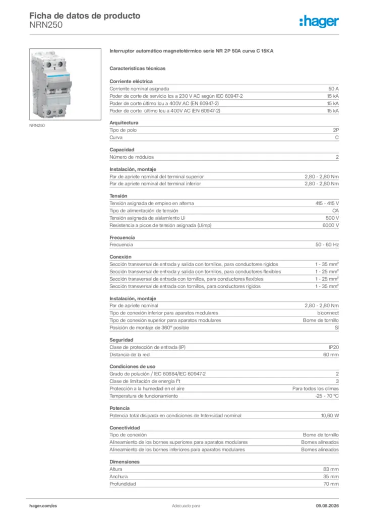 Imagen Hager Ficha de datos de producto NRN250 | Hager España