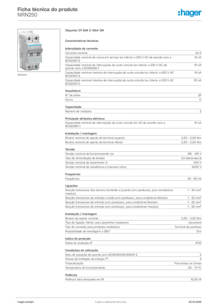 Imagem Hager Ficha técnica do produto NRN250 | Hager Portugal