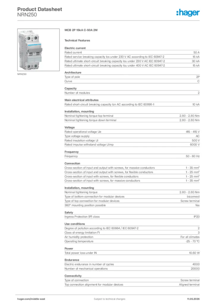 Image Hager Product data sheet NRN250  | Hager
