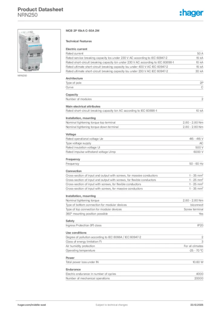 Image Hager Product data sheet NRN250  | Hager