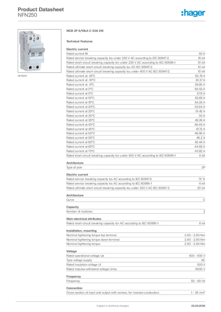 Image Hager Product data sheet NFN250  | Hager Africa