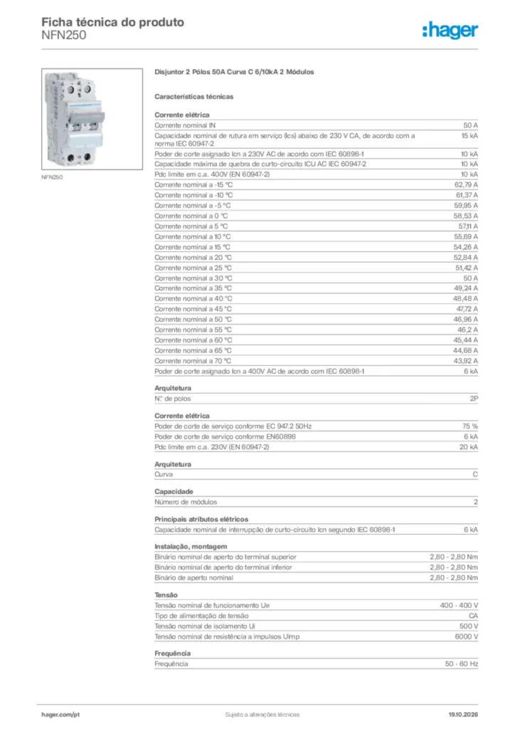 Imagem Hager Ficha técnica do produto NFN250 | Hager Portugal