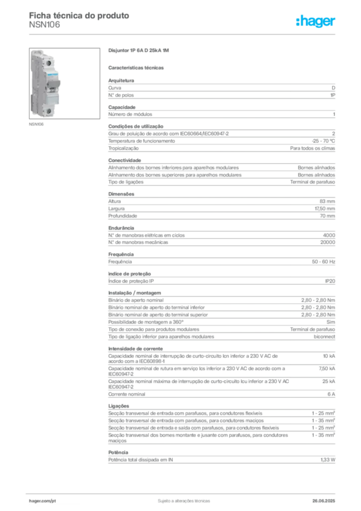 Imagem Hager Ficha técnica do produto NSN106 | Hager Portugal