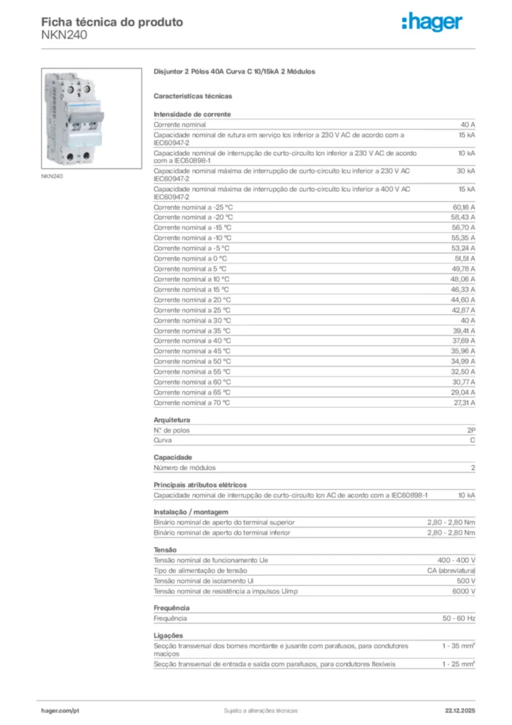 Imagem Hager Ficha técnica do produto NKN240 | Hager Portugal