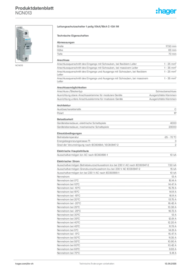 Bild Hager Produktdatenblatt NCN013 | Hager Schweiz