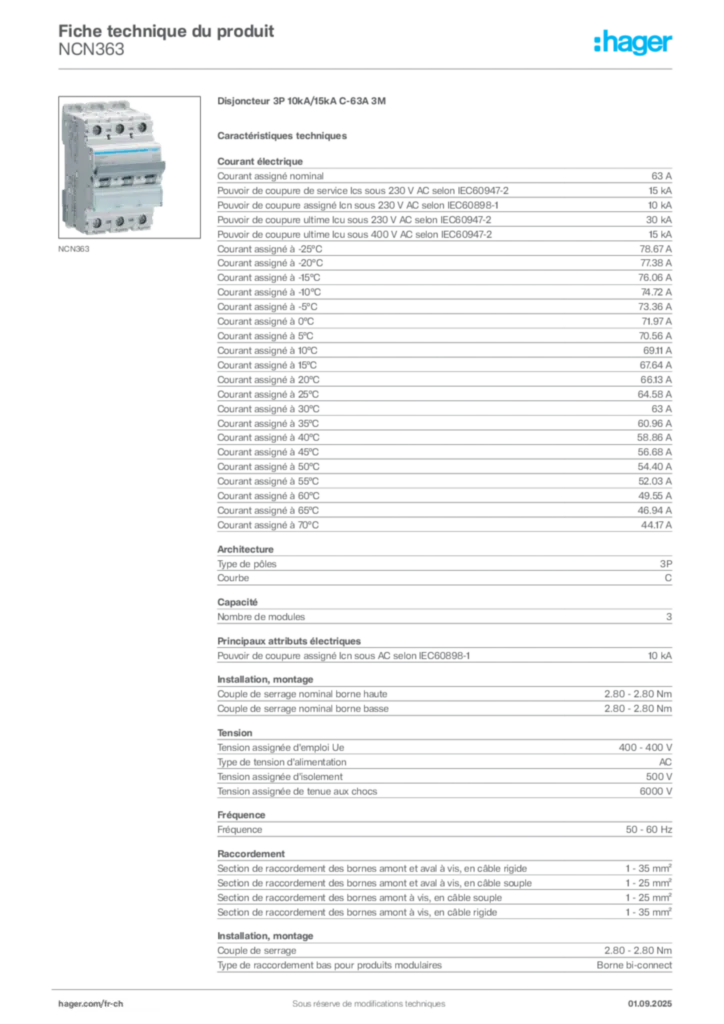 Image Hager Fiche technique du produit NCN363 | Hager Suisse