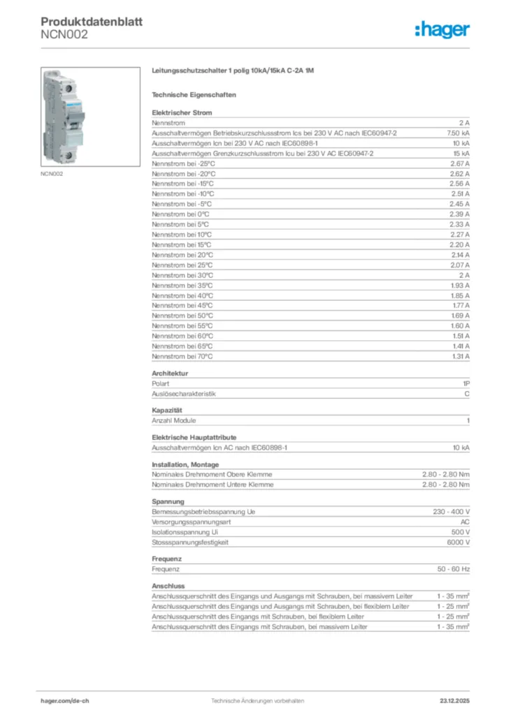 Bild Hager Produktdatenblatt NCN002 | Hager Schweiz