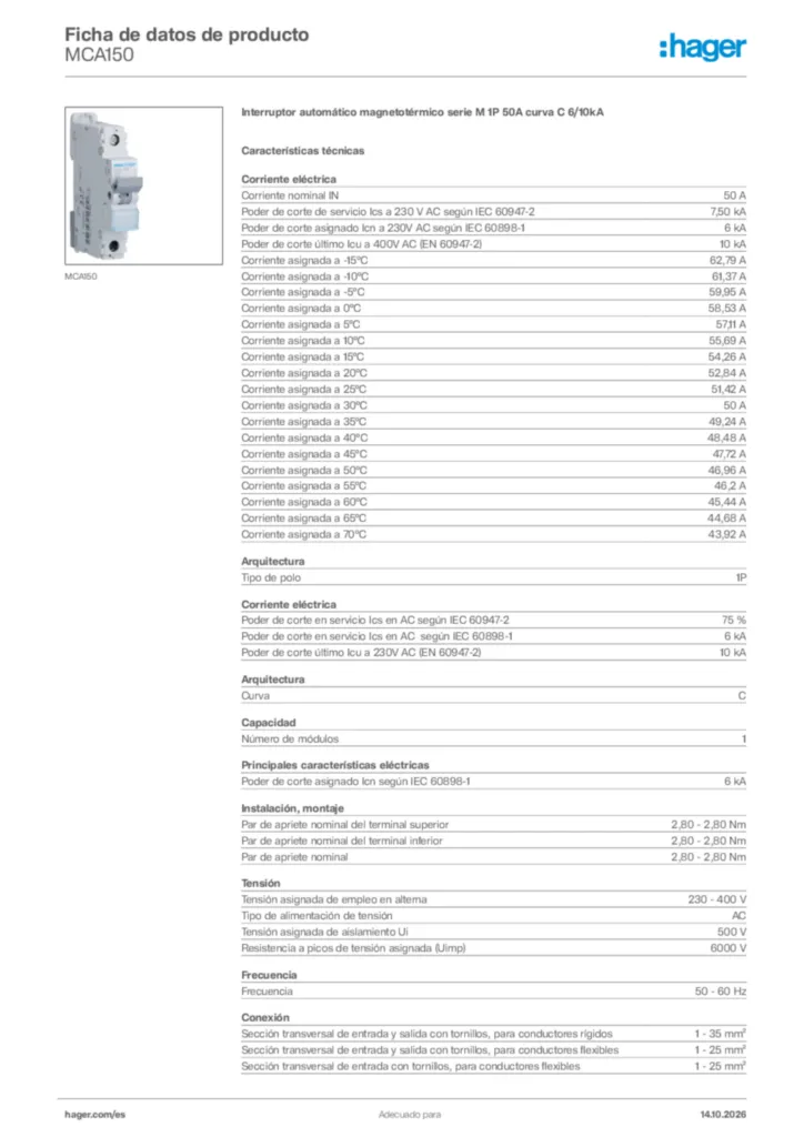Imagen Hager Ficha de datos de producto MCA150 | Hager España