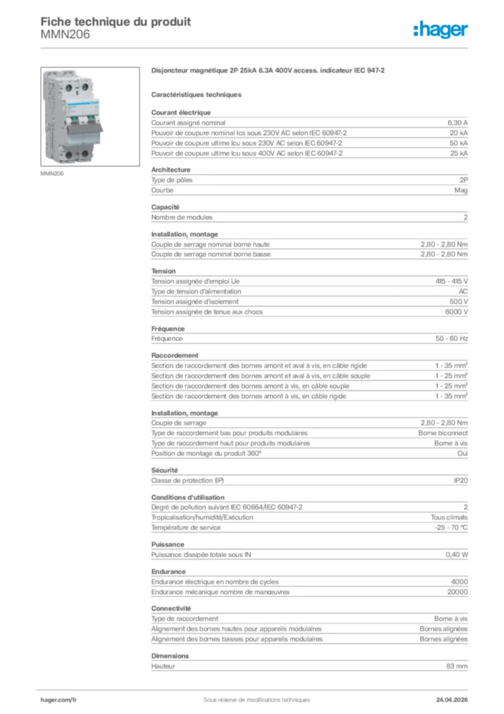 Image Hager Fiche technique du produit MMN206 | Hager France