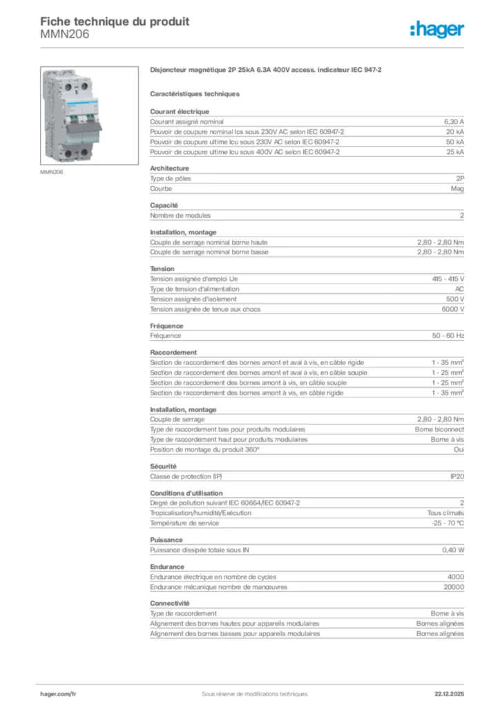 Image Hager Fiche technique du produit MMN206 | Hager France