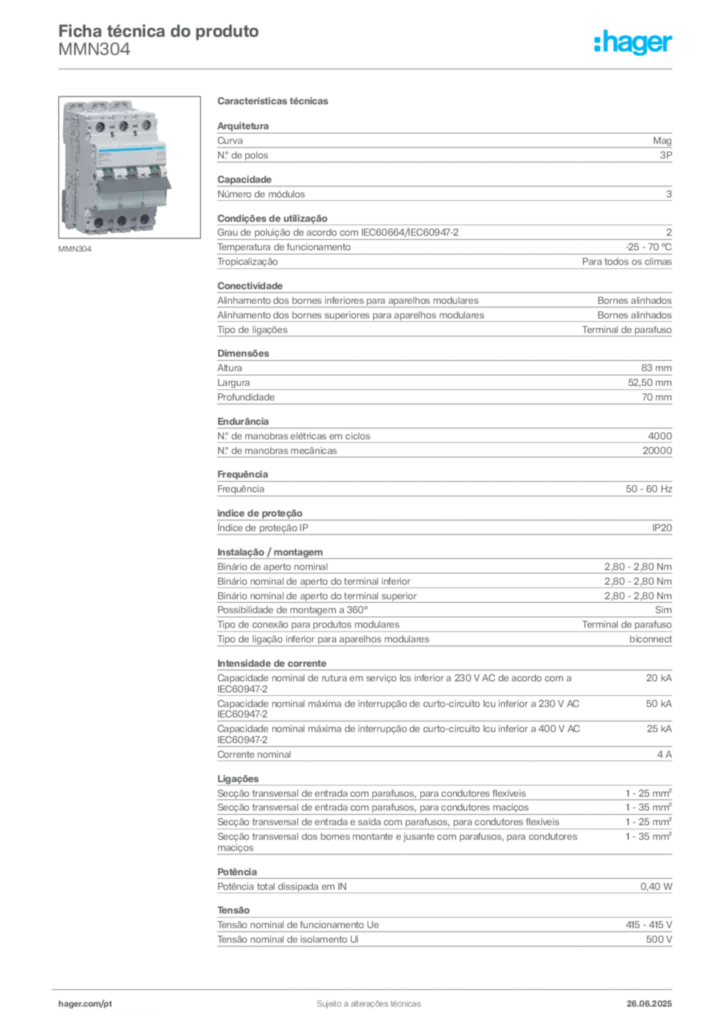 Imagem Hager Ficha técnica do produto MMN304 | Hager Portugal