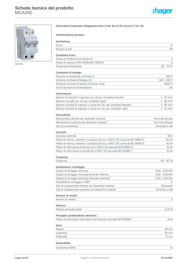 Immagine Hager Scheda tecnica del prodotto MCA240 | Hager Italia