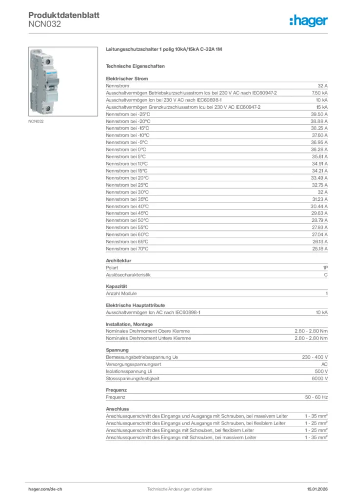 Bild Hager Produktdatenblatt NCN032 | Hager Schweiz