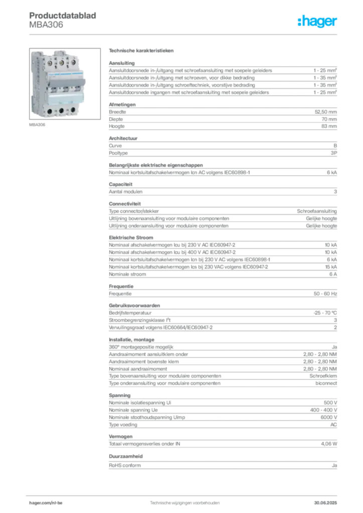 Afbeelding Hager Productdatablad MBA306 | Hager Belgium