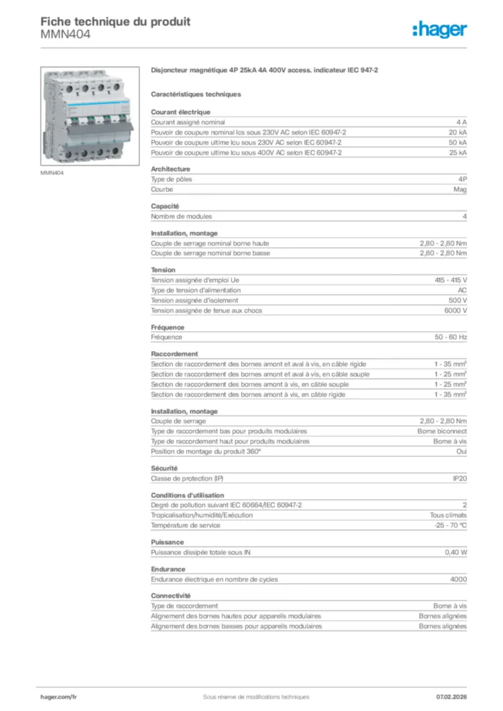 Image Hager Fiche technique du produit MMN404 | Hager France
