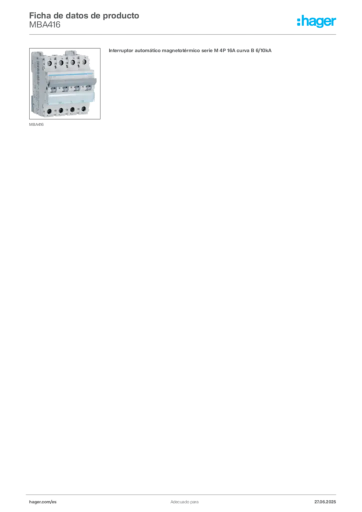 Imagen Hager Ficha de datos de producto MBA416 | Hager España