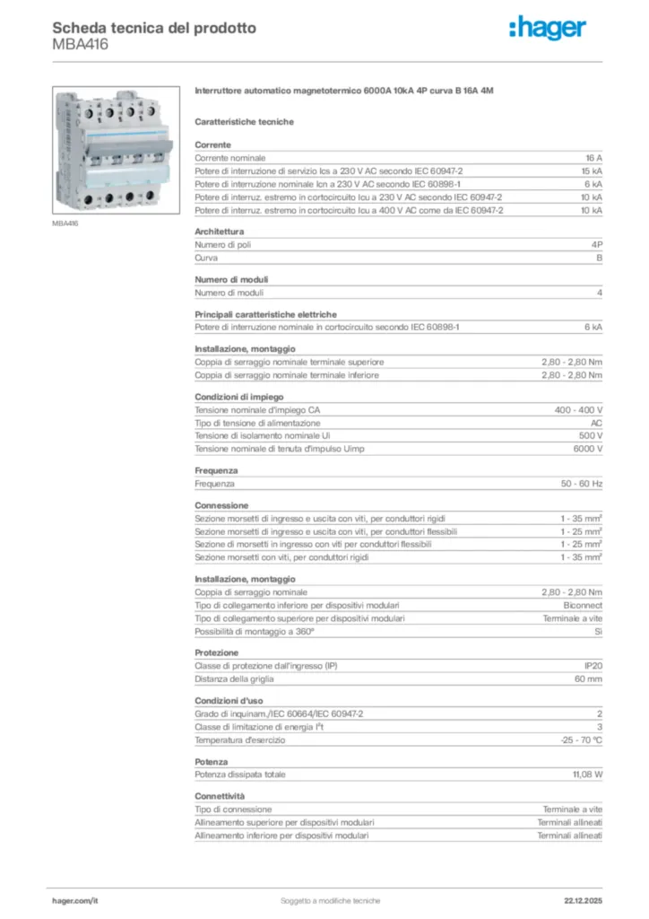 Immagine Hager Scheda tecnica del prodotto MBA416 | Hager Italia