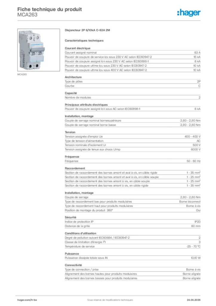 Image Hager Fiche technique du produit MCA263 | Hager Belgique