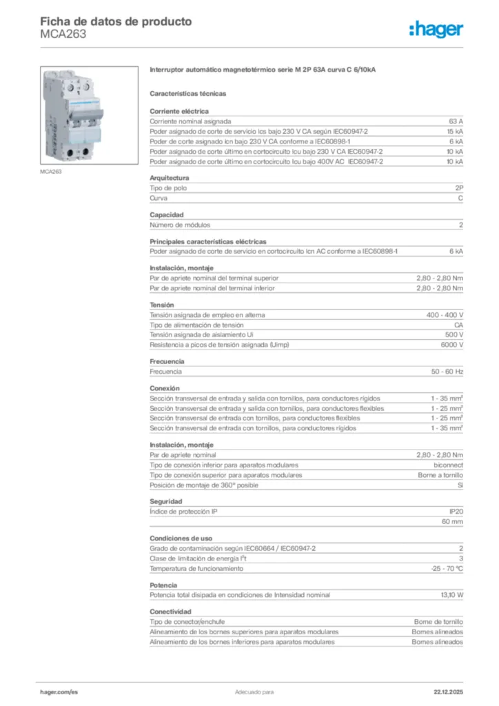Imagen Hager Ficha de datos de producto MCA263 | Hager España