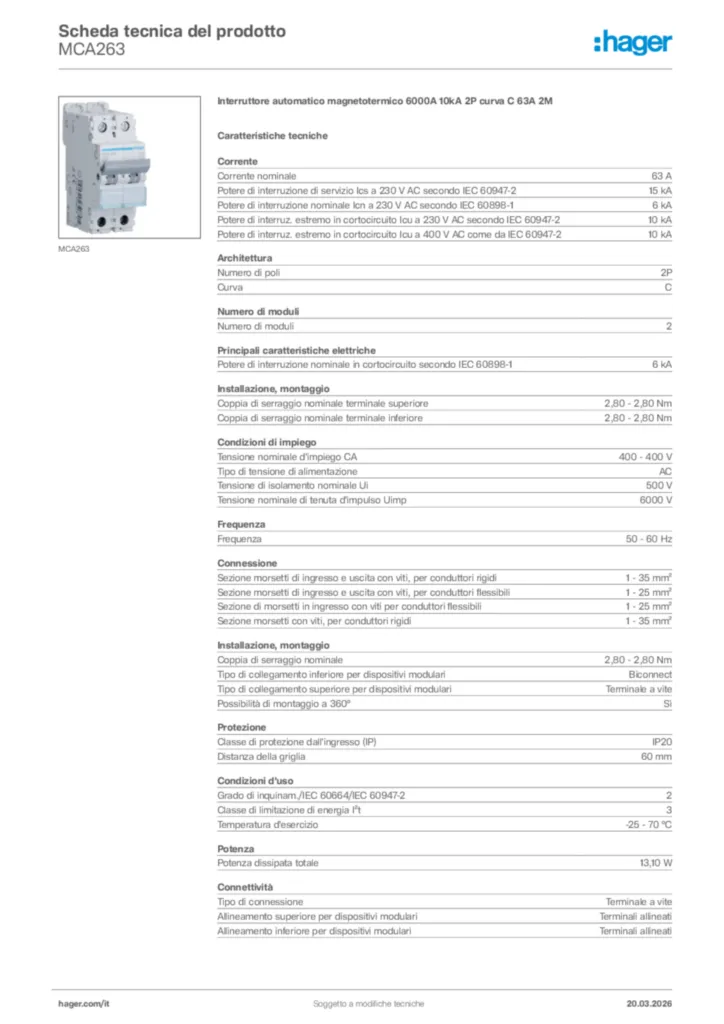 Immagine Hager Scheda tecnica del prodotto MCA263 | Hager Italia