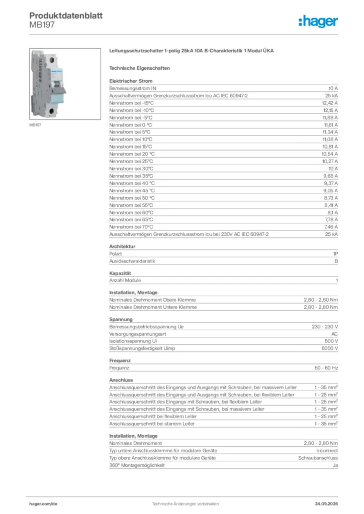 Bild Hager Produktdatenblatt MB197 | Hager Deutschland