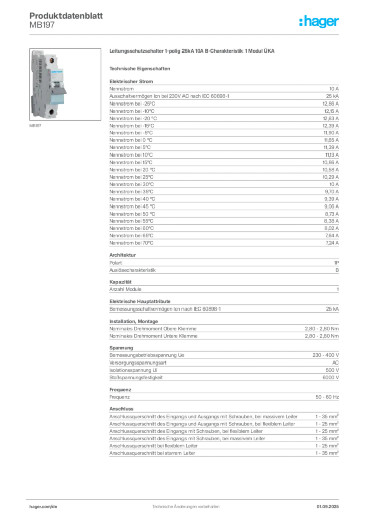 Hager Produktdatenblatt MB197