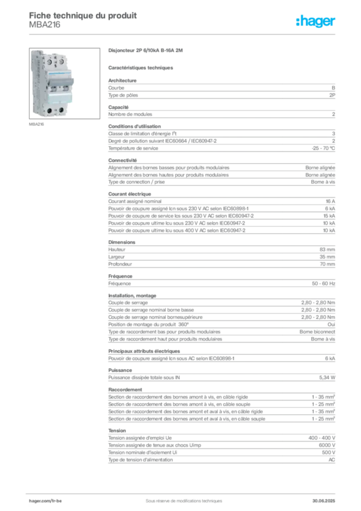 Image Hager Fiche technique du produit MBA216 | Hager Belgique