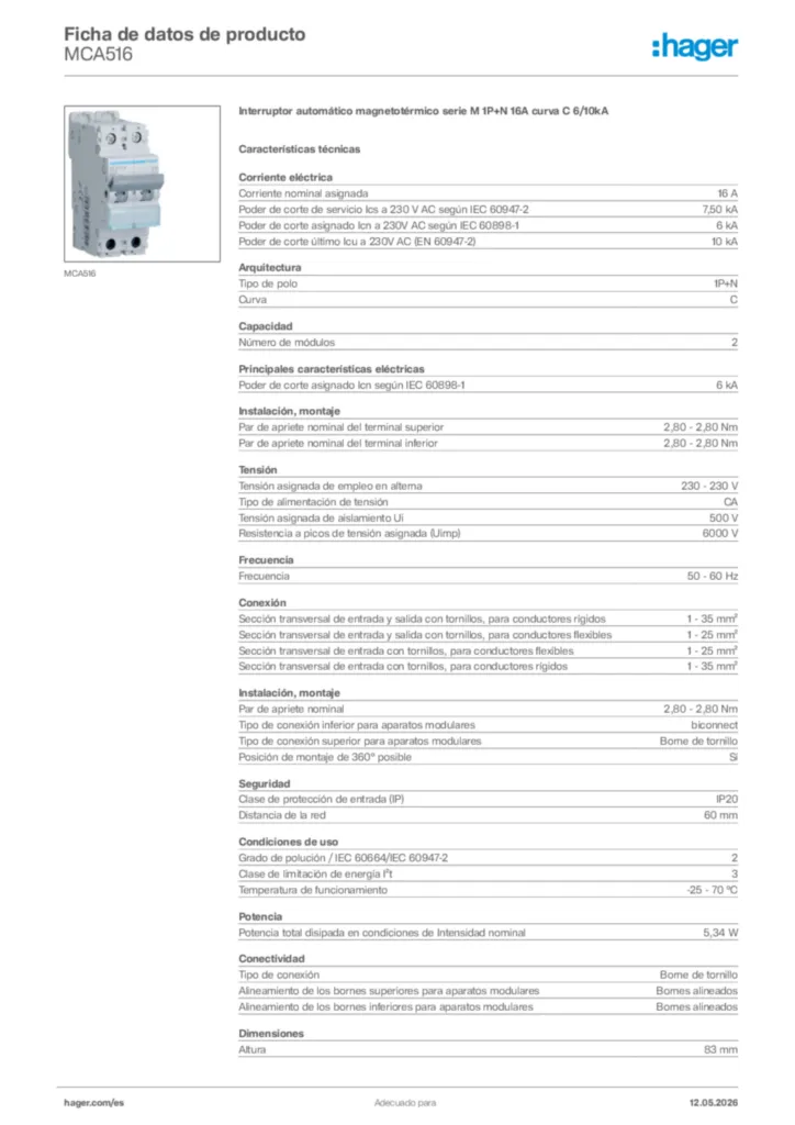 Imagen Hager Ficha de datos de producto MCA516 | Hager España