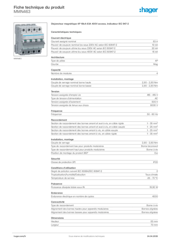 Image Hager Fiche technique du produit MMN463 | Hager France